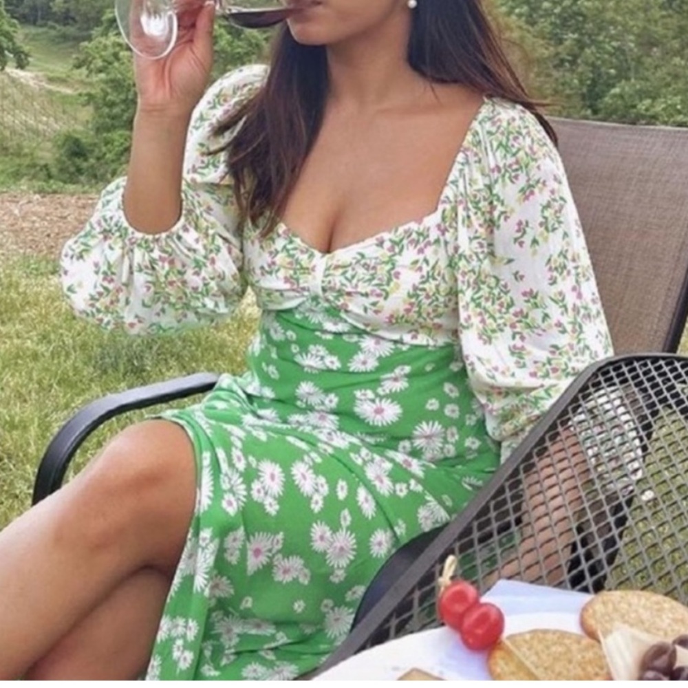 RIXO Daisy Long Puff Sleeve Swing Women’s Green Floral Maxi Dress Plus Size 16 - Picture 13 of 15